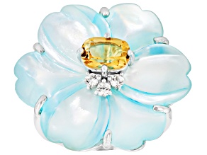 Blue Mother-of-Pearl With Citrine & White Zircon Rhodium Over Silver Flower Ring 25mm, 0.99ctw
