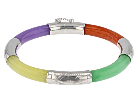 Multi-Color Jadeite Rhodium Over Sterling Silver Bangle Bracelet