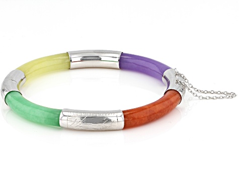 Multi-Color Jadeite Rhodium Over Sterling Silver Bangle Bracelet