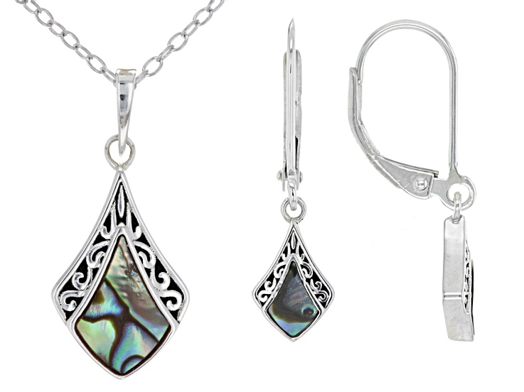 Pacific Style™ Abalone Shell Sterling Silver Pendant With Chain and Earring  Box Set