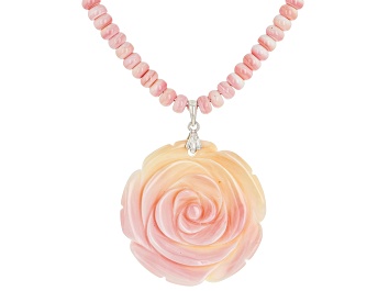 Picture of Pink Conch Shell Rhodium Over Sterling Silver Flower Pendant 45mm & 6mm