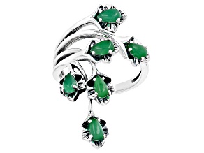 Green Jadeite Rhodium Over Sterling Silver Leaf Ring