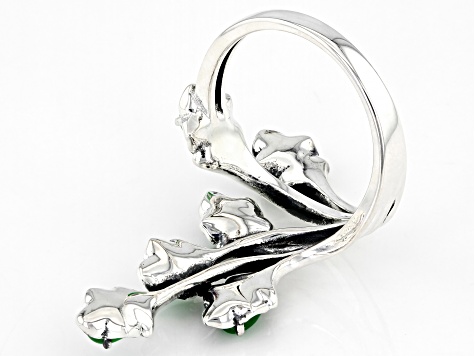 Green Jadeite Rhodium Over Sterling Silver Leaf Ring