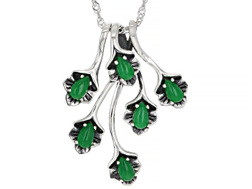 Picture of Green Jadeite Rhodium Over Sterling Silver Leaf Pendant With Chain