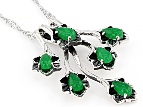Green Jadeite Rhodium Over Sterling Silver Leaf Pendant With Chain