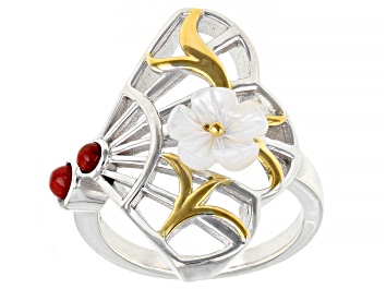 Picture of Red Sponge Coral With Mother Of Pearl Rhodium & 18K yellow Gold Over Silver Two-Tone Ring