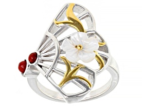 Red Sponge Coral With Mother Of Pearl Rhodium & 18K yellow Gold Over Silver Two-Tone Ring