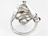 Red Sponge Coral With Mother Of Pearl Rhodium & 18K yellow Gold Over Silver Two-Tone Ring