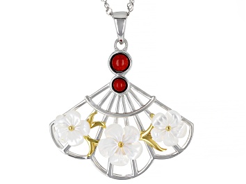 Picture of Red Sponge Coral Rhodium & 18K Yellow Gold Over Silver Two-Tone Pendant With Chain