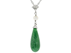 Green Jadeite & Cultured Freshwater Pearl Rhodium Over Silver Pendant With Chain