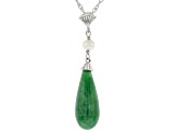 Green Jadeite & Cultured Freshwater Pearl Rhodium Over Silver Pendant With Chain