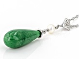 Green Jadeite & Cultured Freshwater Pearl Rhodium Over Silver Pendant With Chain