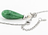 Green Jadeite & Cultured Freshwater Pearl Rhodium Over Silver Pendant With Chain