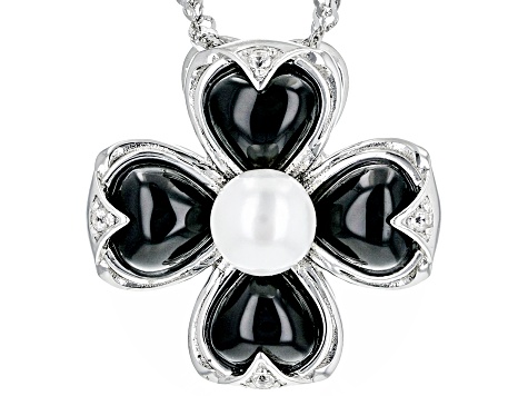 Black Onyx With White Cultured Freshwater Pearl and White Zircon Rhodium Over Silver Pendant