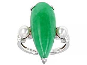 Jadeite & Cultured Freshwater Pearl Rhodium Over Sterling Silver Ring