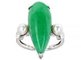 Jadeite & Cultured Freshwater Pearl Rhodium Over Sterling Silver Ring