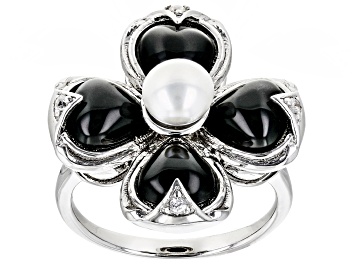 Picture of Black Onyx, Cultured Freshwater Pearl & Zircon Rhodium Over Silver Ring