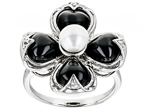 Black Onyx, Cultured Freshwater Pearl & Zircon Rhodium Over Silver Ring