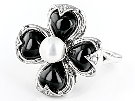 Black Onyx, Cultured Freshwater Pearl & Zircon Rhodium Over Silver Ring