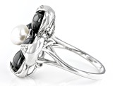 Black Onyx, Cultured Freshwater Pearl & Zircon Rhodium Over Silver Ring