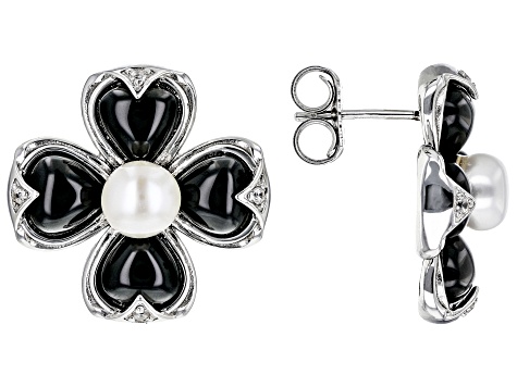 Black Onyx, Cultured Freshwater Pearl & Zircon Rhodium Over Silver Earrings