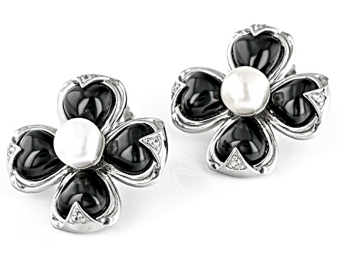Black Onyx, Cultured Freshwater Pearl & Zircon Rhodium Over Silver Earrings