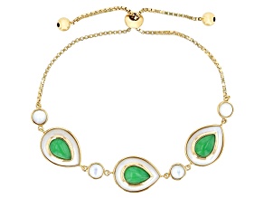Green Jadeite With White Mother-Of-Pearl 18k Yellow Gold Over Silver Bolo Bracelet