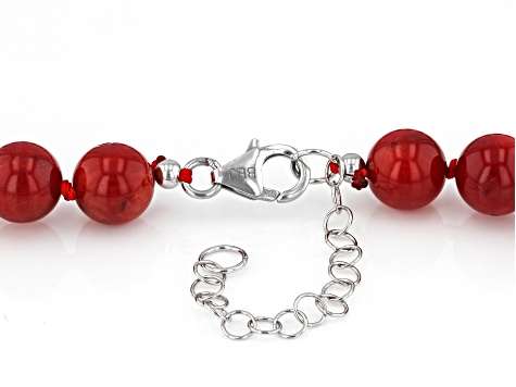 Red Coral Rhodium Over Sterling Silver Beaded Necklace