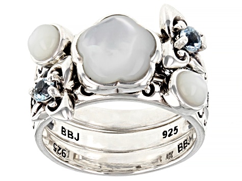 White Mother-of-Pearl and Sky Blue Topaz Set of 3 Sterling Silver Rings