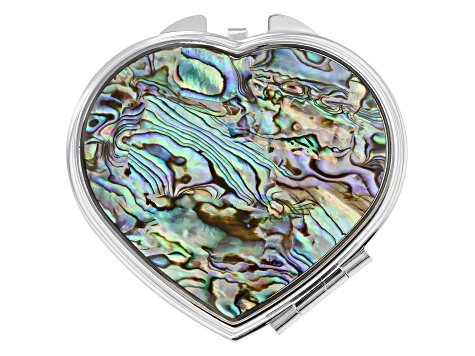 Multi Color Abalone Shell Silver Tone Heart Compact Mirror