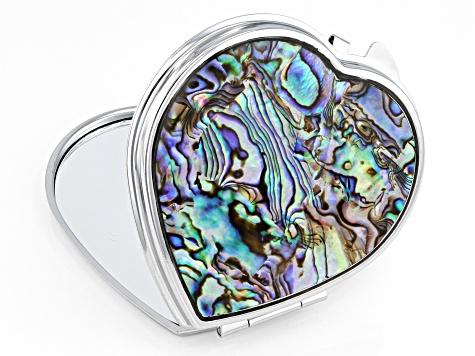 Multi Color Abalone Shell Silver Tone Heart Compact Mirror