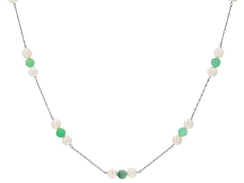 Picture of Jadeite Bead & Cultured White Freshwater Pearl Sterling Silver Necklace
