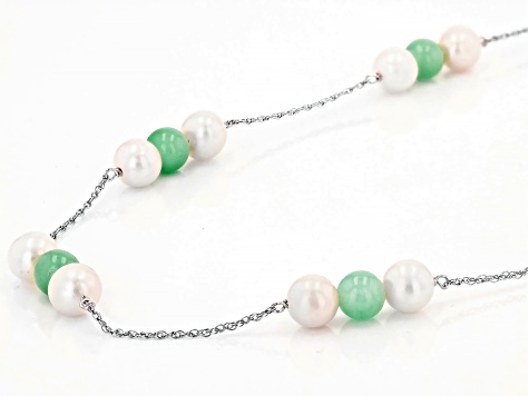 Jadeite Bead & Cultured White Freshwater Pearl Sterling Silver Necklace