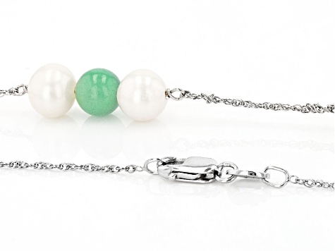 Jadeite Bead & Cultured White Freshwater Pearl Sterling Silver Necklace