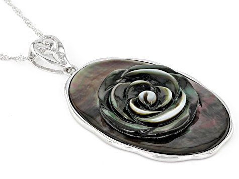 Black Tahitian Mother-Of-Pearl Carved Sterling Silver Pendant with Chain