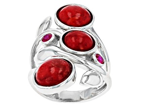 Red Coral and Lab Created Ruby Rhodium Over Sterling Silver Leaf Ring 0.22ctw