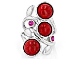 Red Coral and Lab Created Ruby Rhodium Over Sterling Silver Leaf Ring 0.22ctw