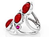 Red Coral and Lab Created Ruby Rhodium Over Sterling Silver Leaf Ring 0.22ctw