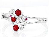 Red Coral and Lab Created Ruby Rhodium Over Sterling Silver Leaf Cuff Bracelet 0.24ctw