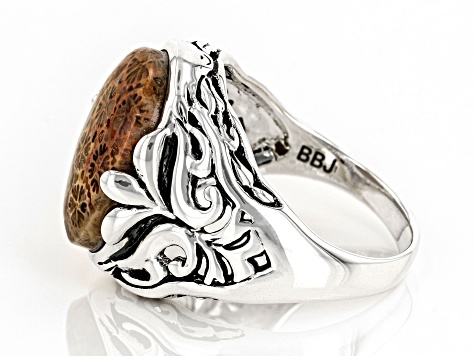 Oval Fossil Coral Sterling Silver Ring