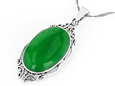 Oval Green Jadeite Sterling Silver Enhancer with 18" Singapore Chain 30x19.5mm