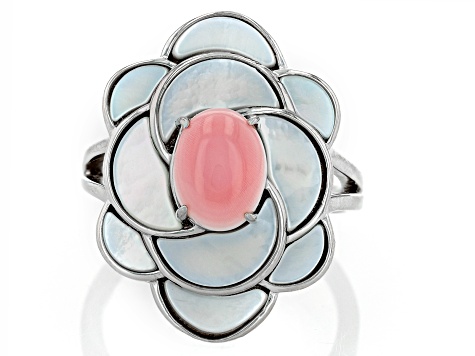 Pink Conch Shell and White Mother-of-Pearl Rhodium Over Sterling Silver Ring