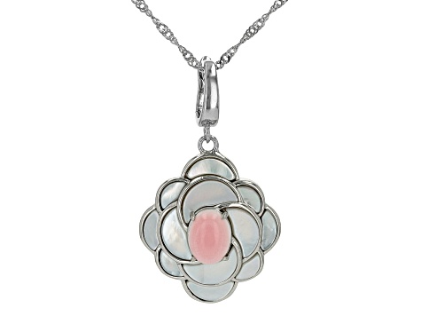 Pink Conch Shell and White Mother-of-Pearl Rhodium over Silver Enhancer w/ Chain