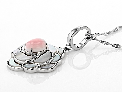 Pink Conch Shell and White Mother-of-Pearl Rhodium over Silver Enhancer w/ Chain