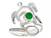 Mother-of-Pearl, Jadeite, and White Zircon Rhodium Over Sterling Silver Turtle Ring