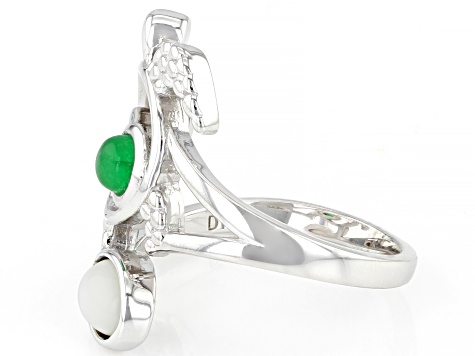 Mother-of-Pearl, Jadeite, and White Zircon Rhodium Over Sterling Silver Turtle Ring