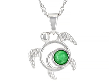 Picture of Green Jadeite Rhodium Over Sterling Silver Turtle Pendant with 18" Chain