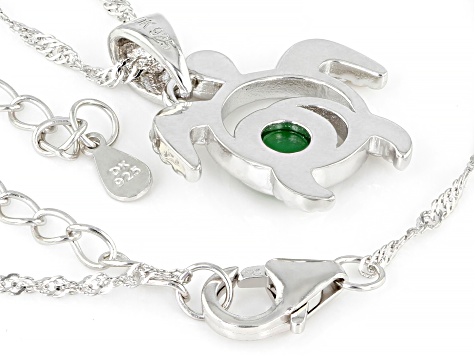 Green Jadeite Rhodium Over Sterling Silver Turtle Pendant with 18" Chain