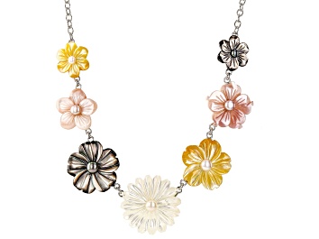 Picture of Mother-of-Pearl and Cultured Freshwater Pearl Rhodium Over Silver Flower Necklace