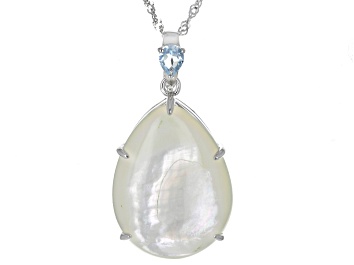 Picture of Mother-of-Pearl and Sky Blue Topaz Rhodium over Silver Enhancer with Chain